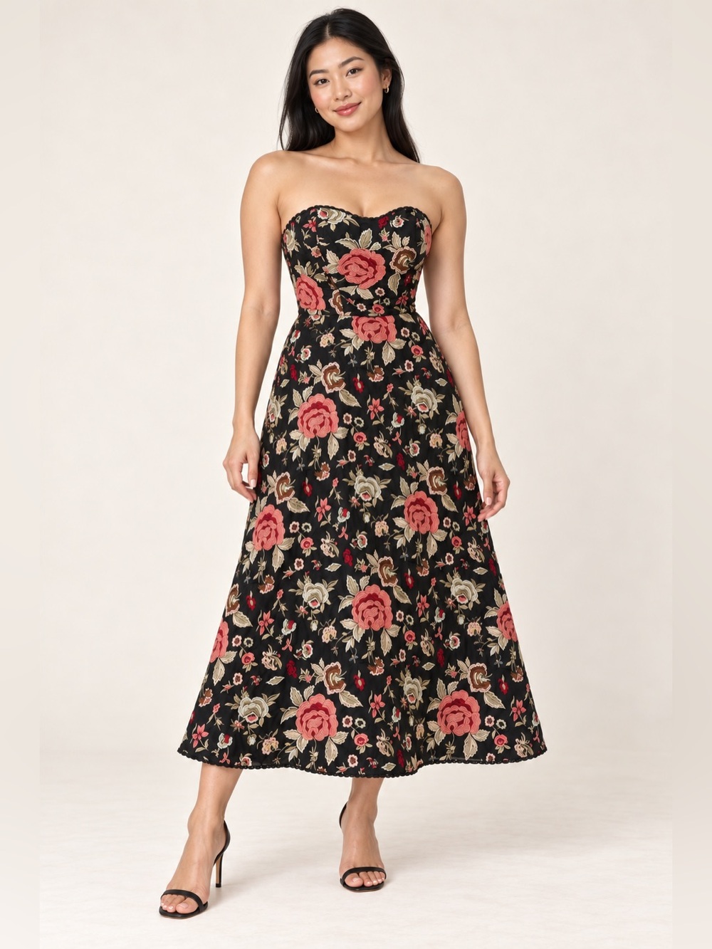 ECI New York Silk Fully Embroidered Floral Strapless Midi Dress | Size 10
